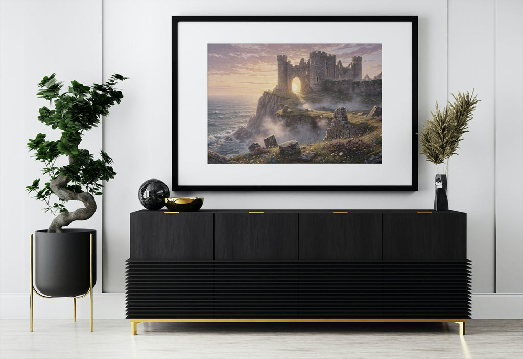 The Castle at the Edge of the Sea 1014 piece puzzle shown framed on a wall after completion
