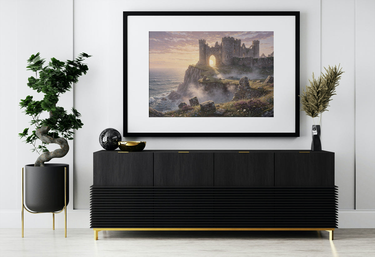 The Castle at the Edge of the Sea 1014 piece puzzle shown framed on a wall after completion
