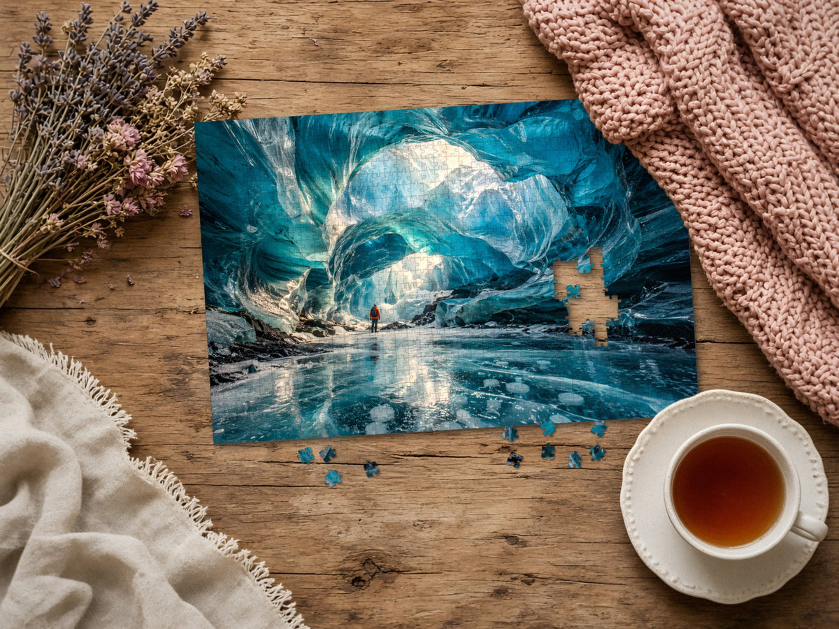 The Cave Where the Ice Glows Blue 1014 piece puzzle assembled on a rustic wood table with dried lavender, a pink knit blanket, a linen throw and a cup of tea, a few loose pieces nearby