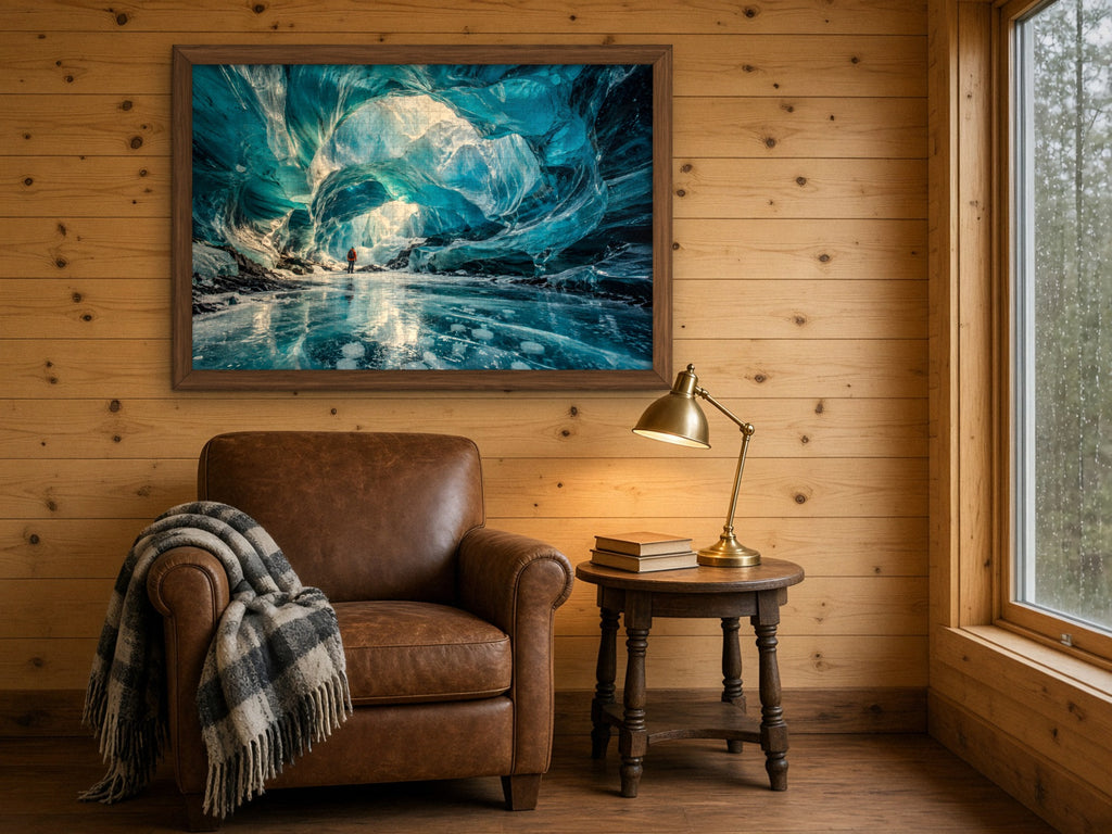 The Cave Where the Ice Glows Blue 1014 piece puzzle assembled and framed on a knotty pine wall above a leather armchair with a plaid throw and a brass reading lamp