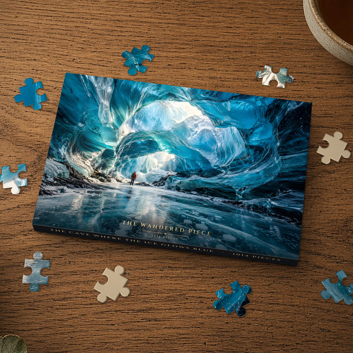 The Cave Where the Ice Glows Blue 1014 piece puzzle box on a wood table with loose pieces, box design shown for illustration