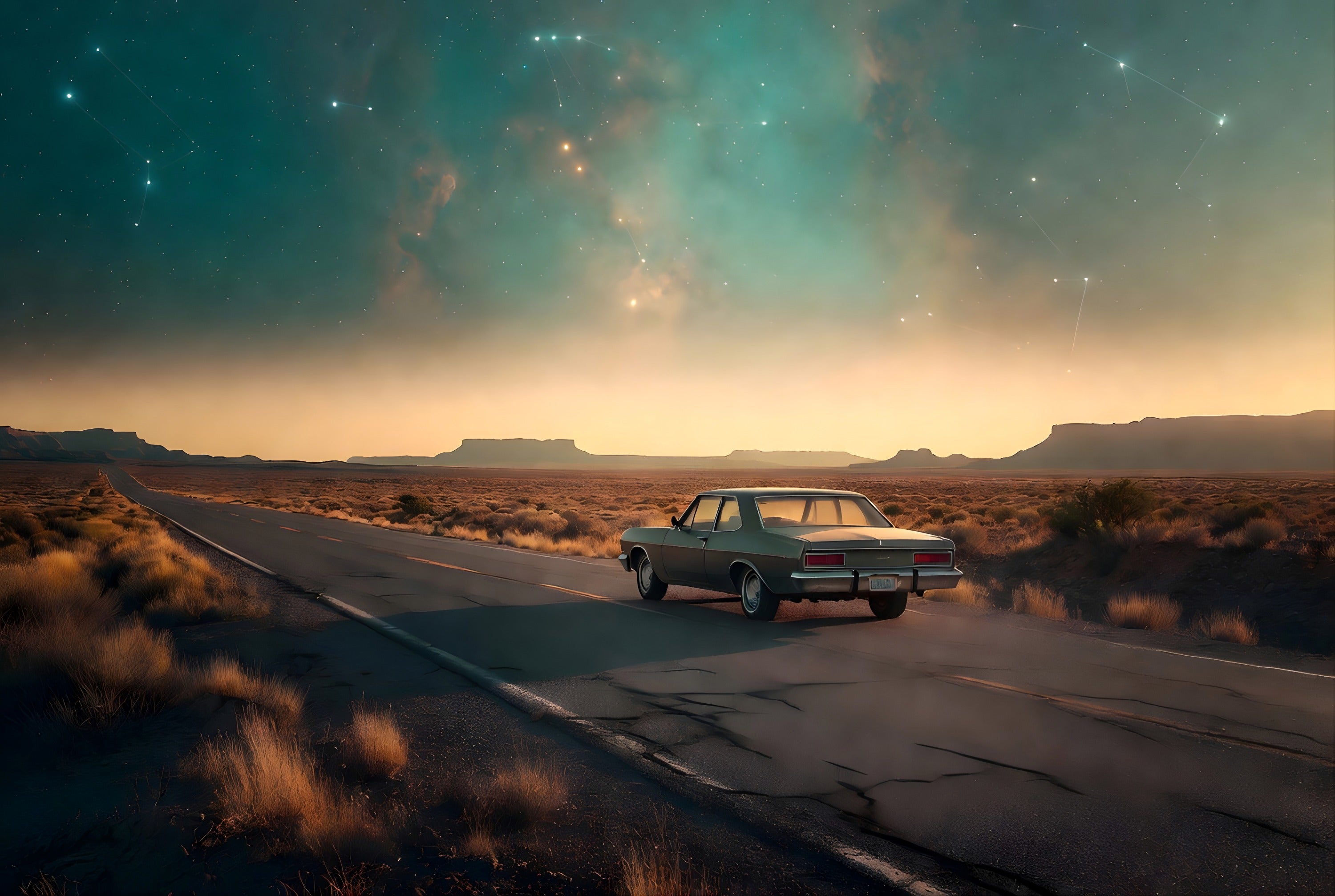 A vintage car driving west through desert mesa country at dusk with rising constellations overhead — art puzzle by The Wandered Piece
