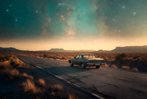A vintage car driving west through desert mesa country at dusk with rising constellations overhead — art puzzle by The Wandered Piece