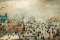 The Day the River Froze art puzzle: Avercamp's winter scene of crowds skating on the ice beside a brick house and church tower, with frozen-in boats and bare trees under a pale sky