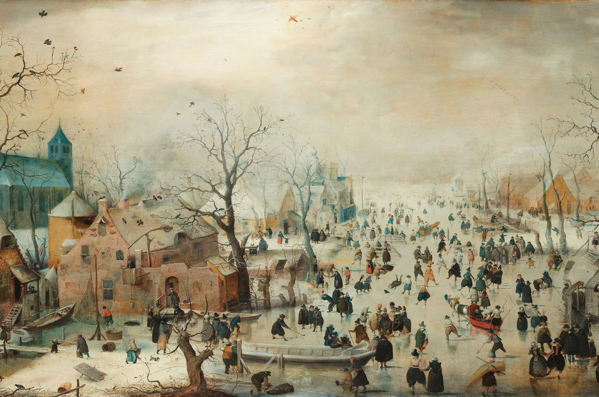 The Day the River Froze art puzzle: Avercamp's winter scene of crowds skating on the ice beside a brick house and church tower, with frozen-in boats and bare trees under a pale sky