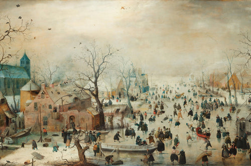 The Day the River Froze art puzzle: Avercamp's winter scene of crowds skating on the ice beside a brick house and church tower, with frozen-in boats and bare trees under a pale sky