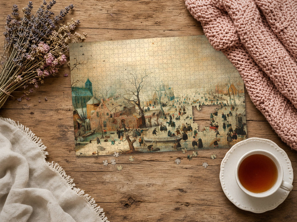 The Day the River Froze 1014 piece puzzle assembled on a rustic wood table with dried lavender, a pink knit blanket, a linen throw and a cup of tea, a few loose pieces nearby