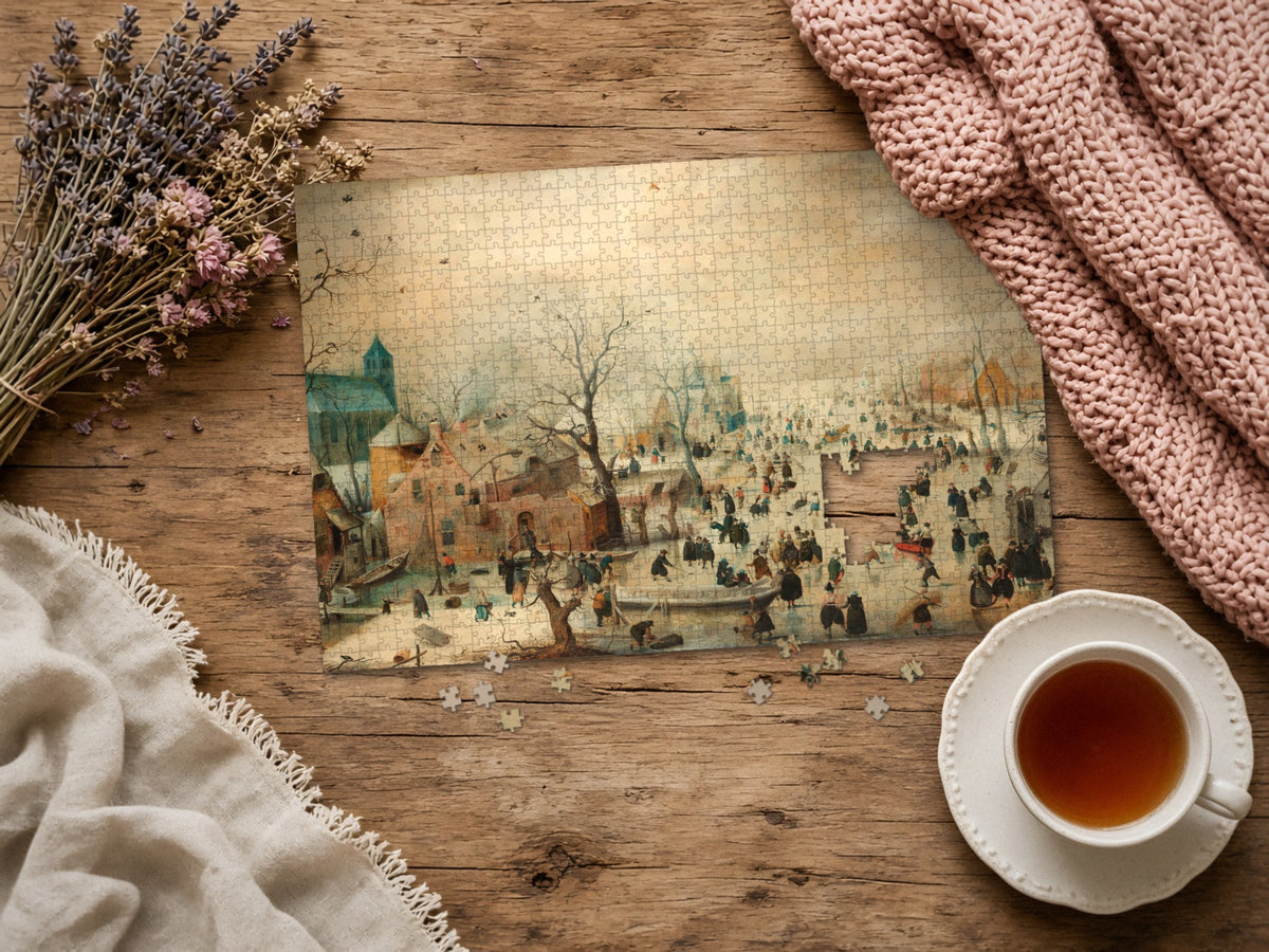 The Day the River Froze 1014 piece puzzle assembled on a rustic wood table with dried lavender, a pink knit blanket, a linen throw and a cup of tea, a few loose pieces nearby