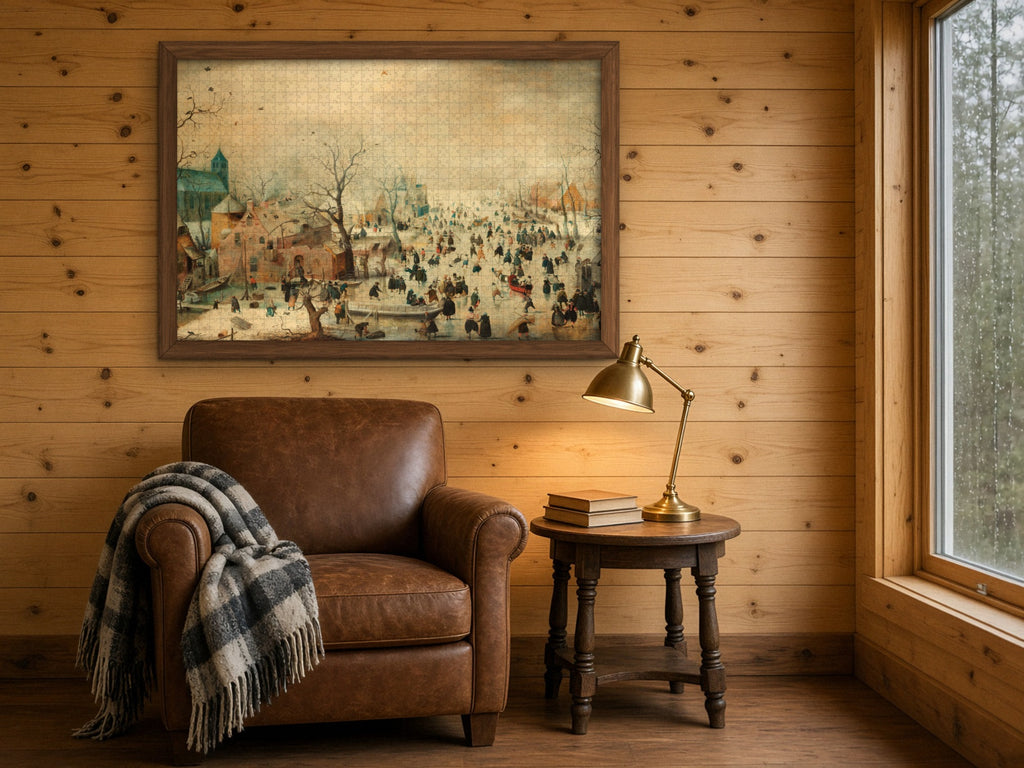 The Day the River Froze 1014 piece puzzle assembled and framed on a knotty pine wall above a leather armchair with a plaid throw and a brass reading lamp