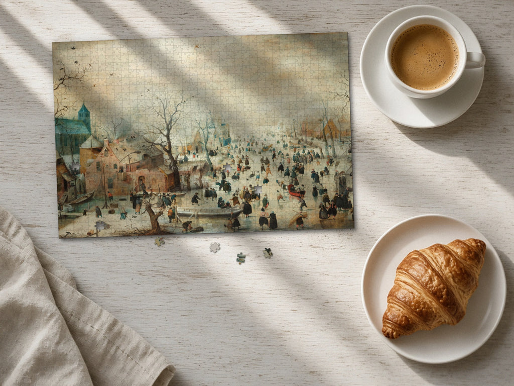 The Day the River Froze 1014 piece puzzle laid flat on a pale wood table in morning sun beside a cappuccino and a croissant