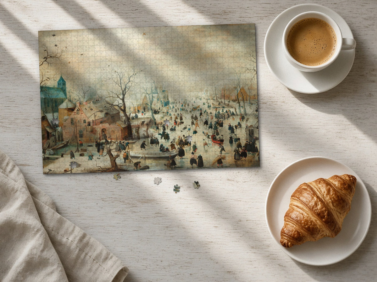The Day the River Froze 1014 piece puzzle laid flat on a pale wood table in morning sun beside a cappuccino and a croissant