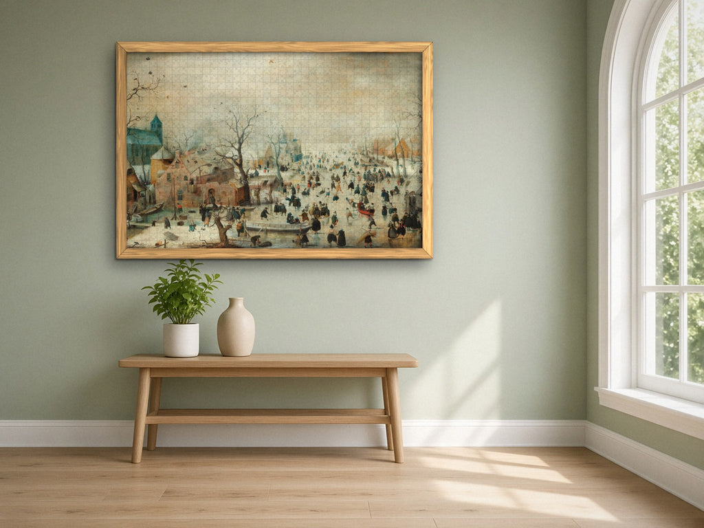 The Day the River Froze 1014 piece puzzle assembled, framed in light wood on a sage green wall above a wooden bench, next to a tall arched window