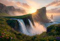Two figures at the edge of wildflower cliffs above twin waterfalls and a golden sea — cinematic art puzzle by The Wandered Piece