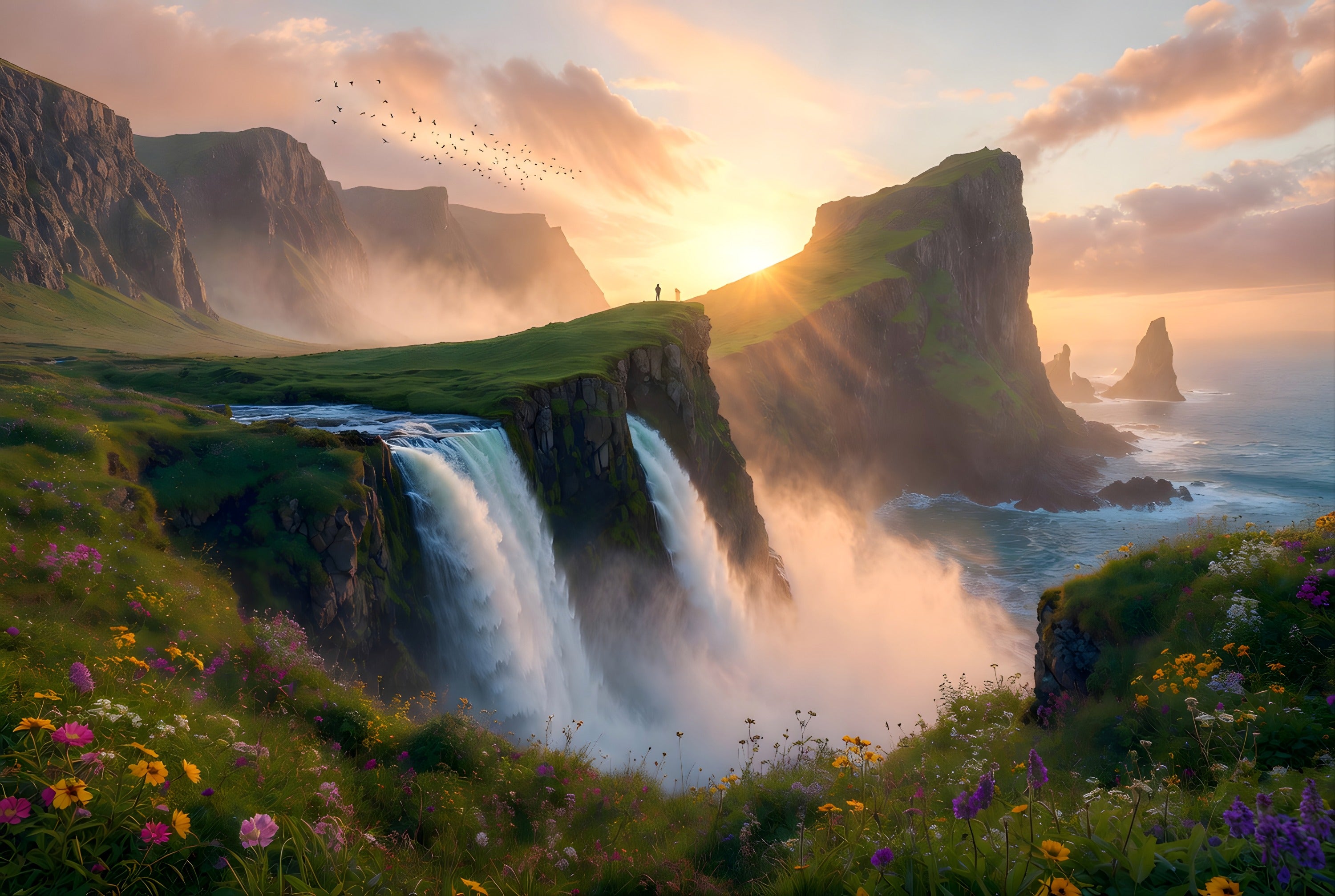 Two figures at the edge of wildflower cliffs above twin waterfalls and a golden sea — cinematic art puzzle by The Wandered Piece