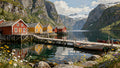 Red and ochre Norwegian fjord village with glacier and mountains reflected in still water — art puzzle by The Wandered Piece