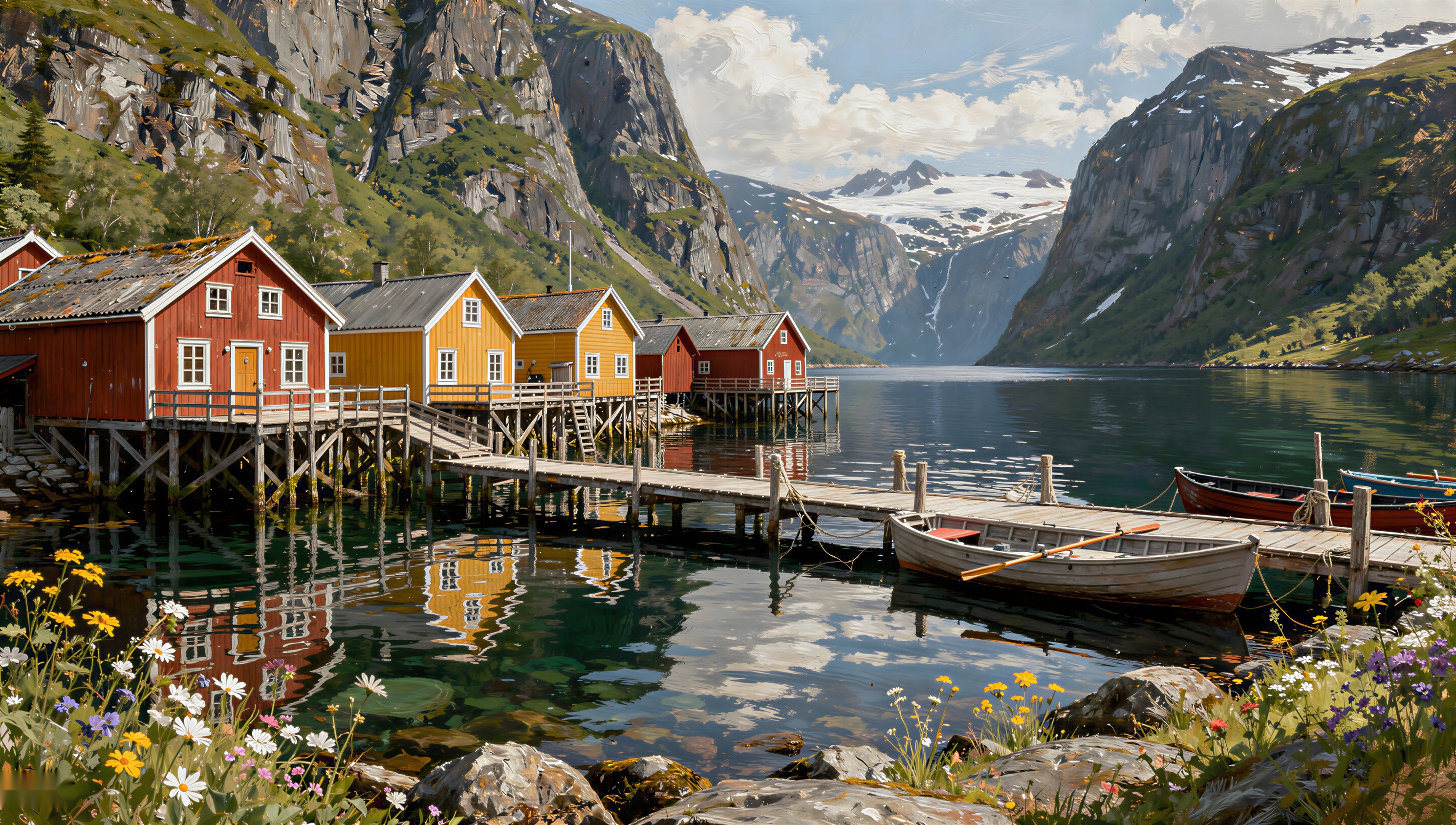 Red and ochre Norwegian fjord village with glacier and mountains reflected in still water — art puzzle by The Wandered Piece