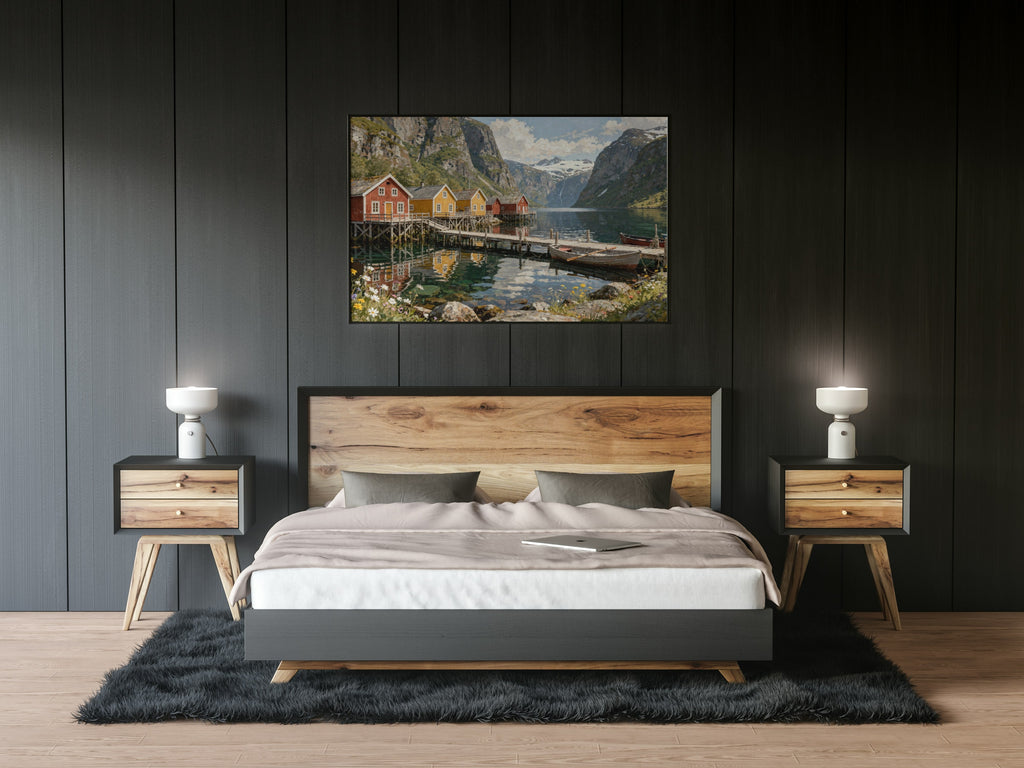 The Fjord Village 1014 piece puzzle shown framed on a wall after completion
