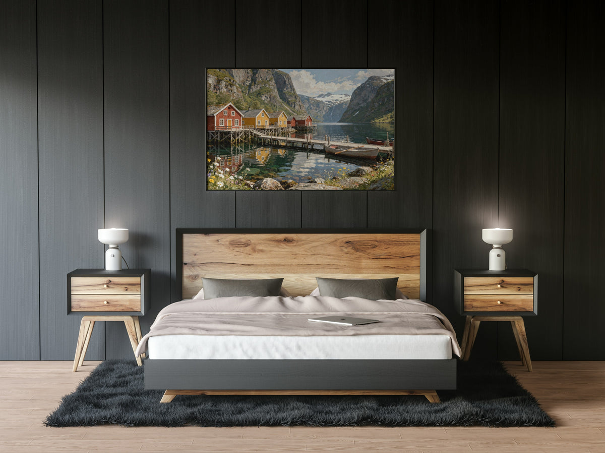 The Fjord Village 1014 piece puzzle shown framed on a wall after completion
