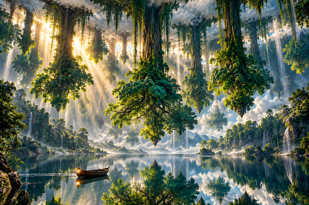 The Forest That Forgot Which Way Was Up art puzzle: an upside-down forest of trees hanging from the clouds over a mirror-still lake, light rays falling between them and a small rowboat with a lantern on the water
