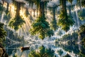The Forest That Forgot Which Way Was Up art puzzle: an upside-down forest of trees hanging from the clouds over a mirror-still lake, light rays falling between them and a small rowboat with a lantern on the water