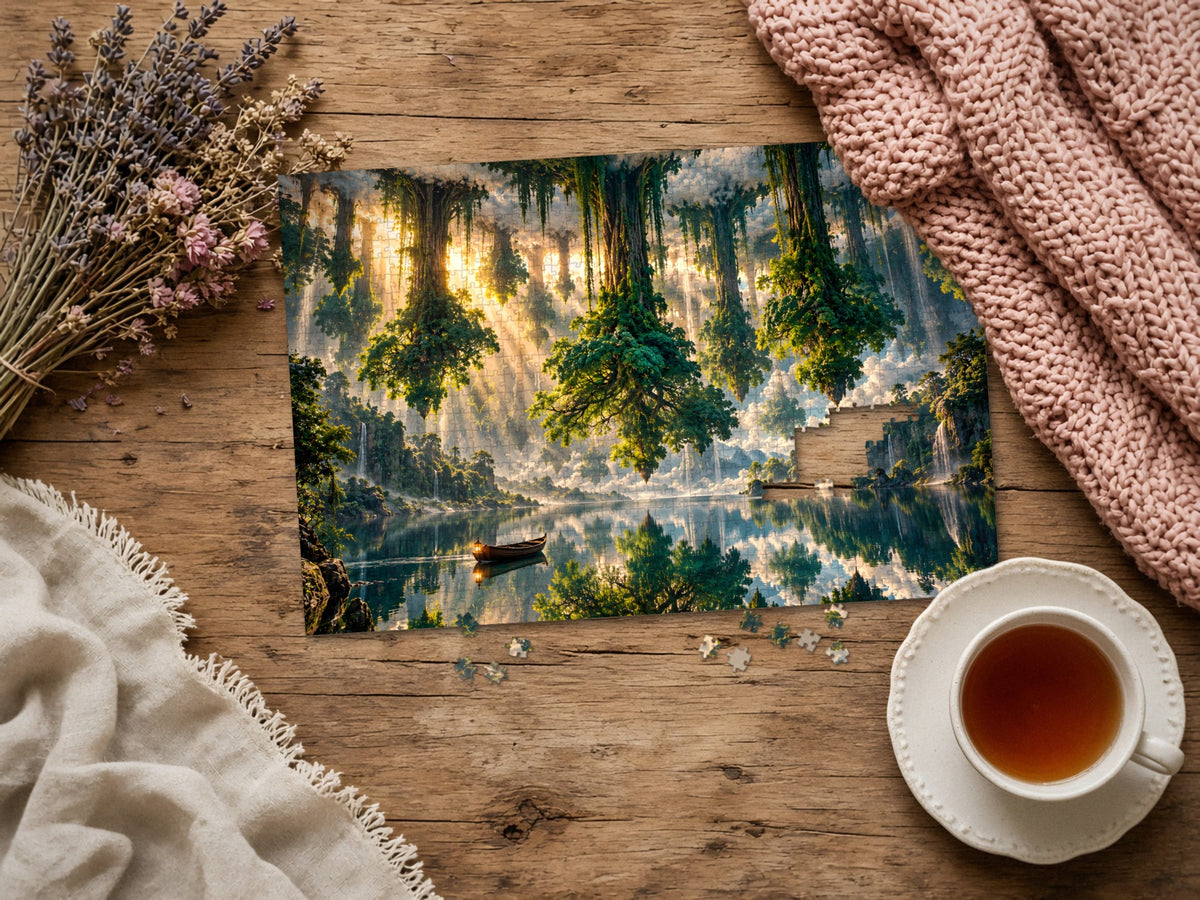 The Forest That Forgot Which Way Was Up 1014 piece puzzle assembled on a rustic wood table with dried lavender, a pink knit blanket, a linen throw and a cup of tea, a few loose pieces nearby