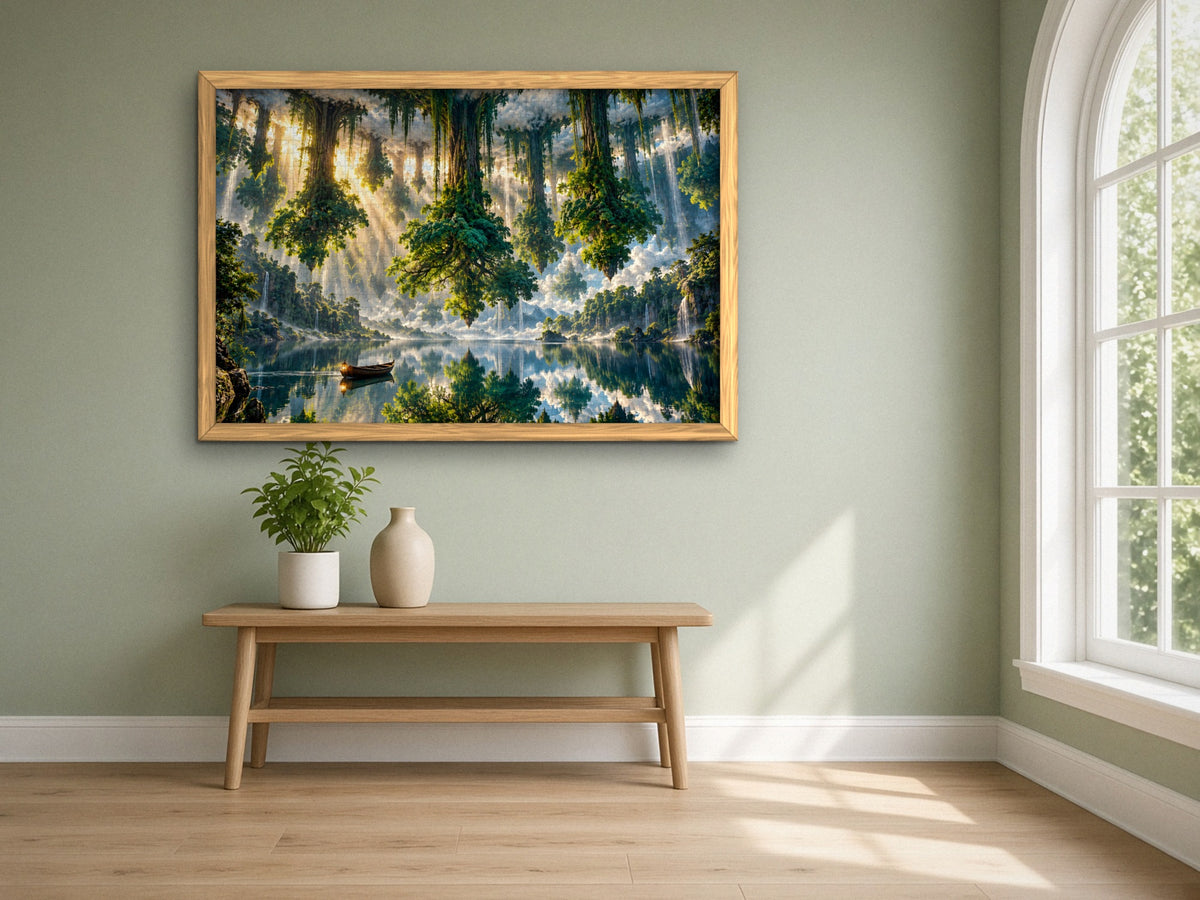 The Forest That Forgot Which Way Was Up 1014 piece puzzle assembled, framed in light wood on a sage green wall above a wooden bench, next to a tall arched window