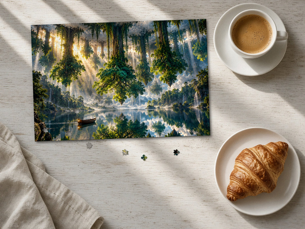 The Forest That Forgot Which Way Was Up 1014 piece puzzle laid flat on a pale wood table in morning sun beside a cappuccino and a croissant