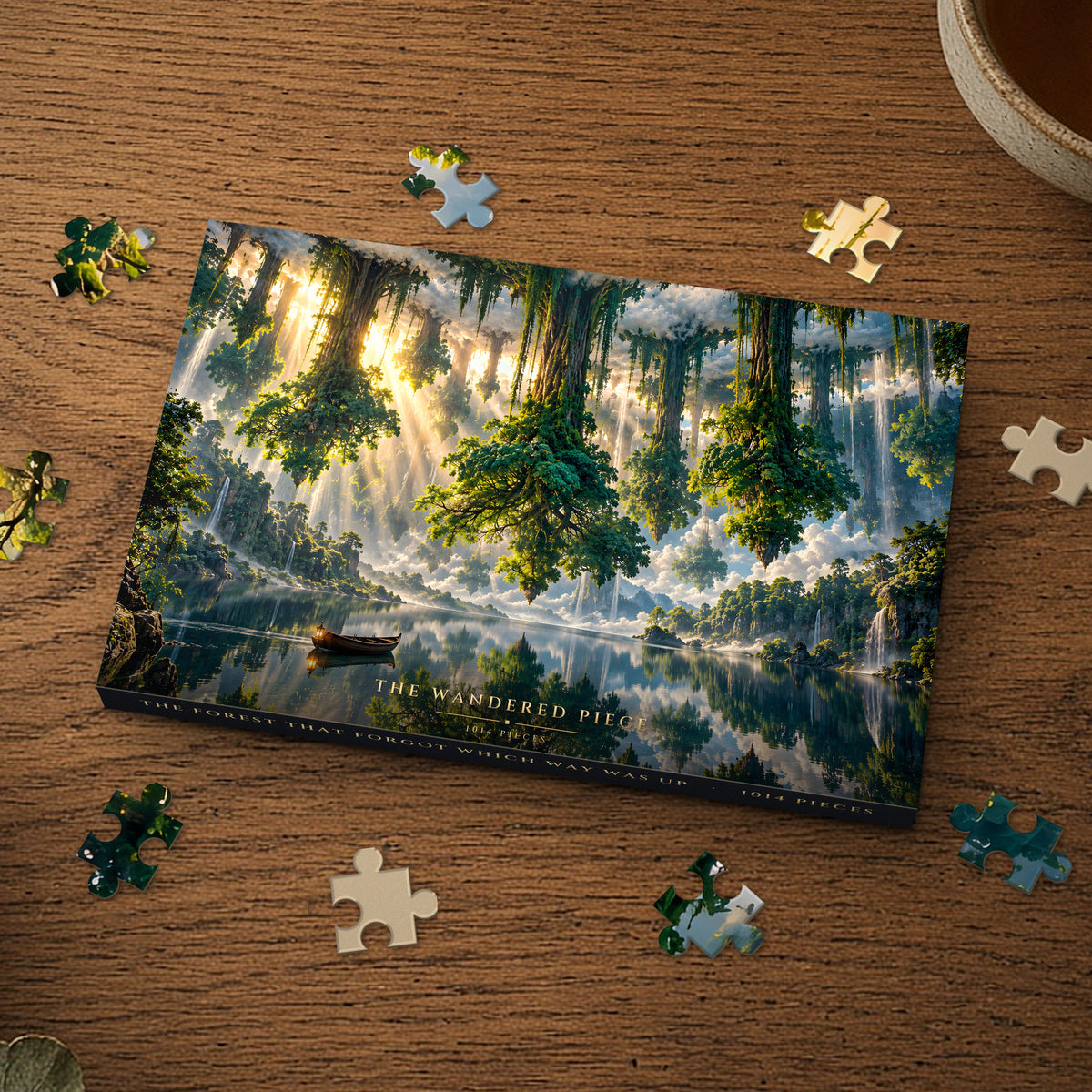 The Forest That Forgot Which Way Was Up 1014 piece puzzle box on a wood table with loose pieces, box design shown for illustration
