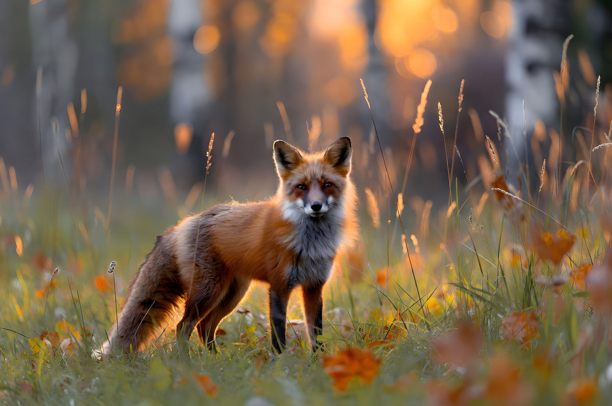 The Fox Who Waited for Light art puzzle: a red fox standing in long autumn grass looking straight ahead, fallen leaves around it and birch trunks in a soft golden blur behind