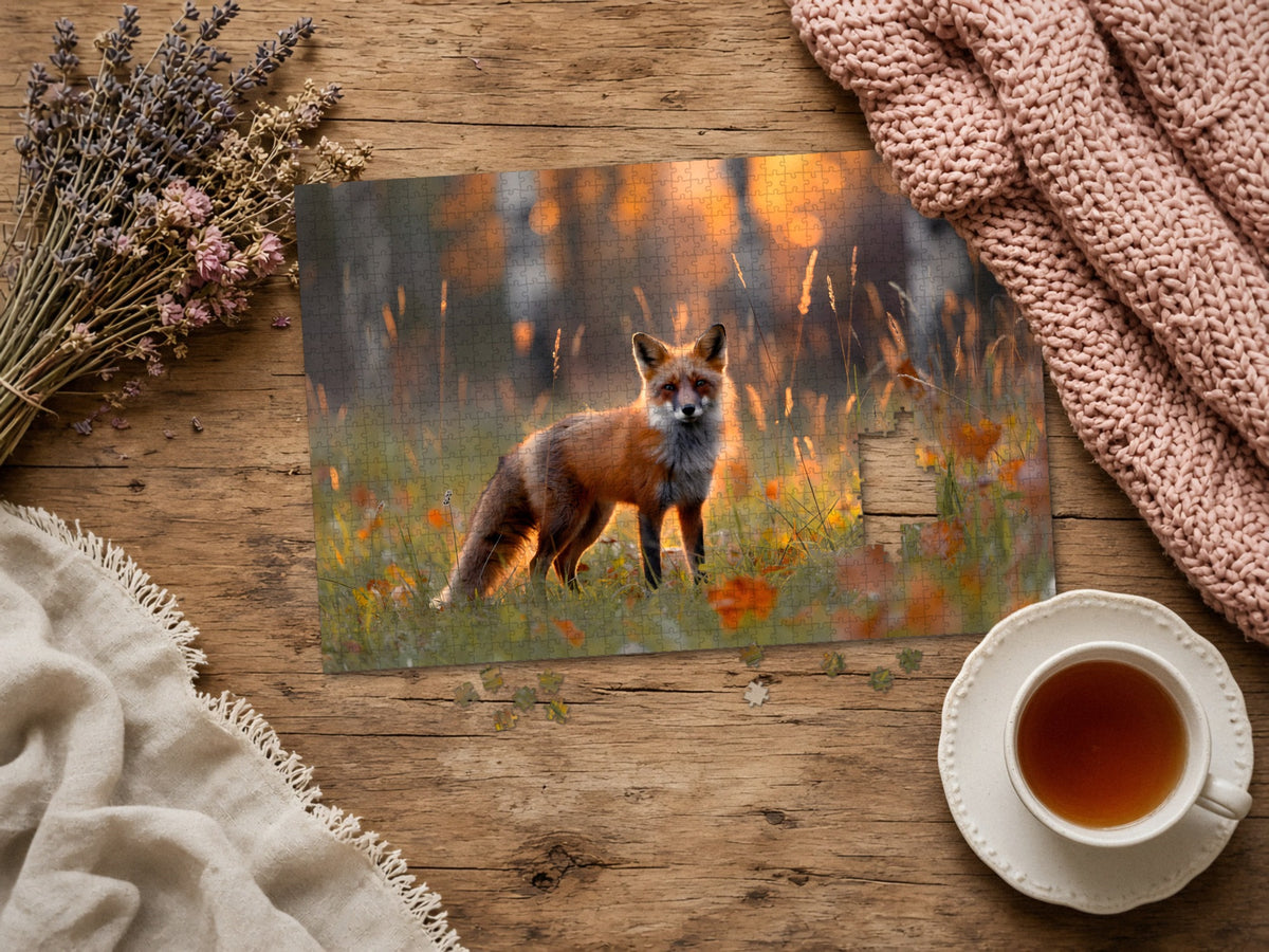 The Fox Who Waited for Light 1014 piece puzzle assembled on a rustic wood table with dried lavender, a pink knit blanket, a linen throw and a cup of tea, a few loose pieces nearby