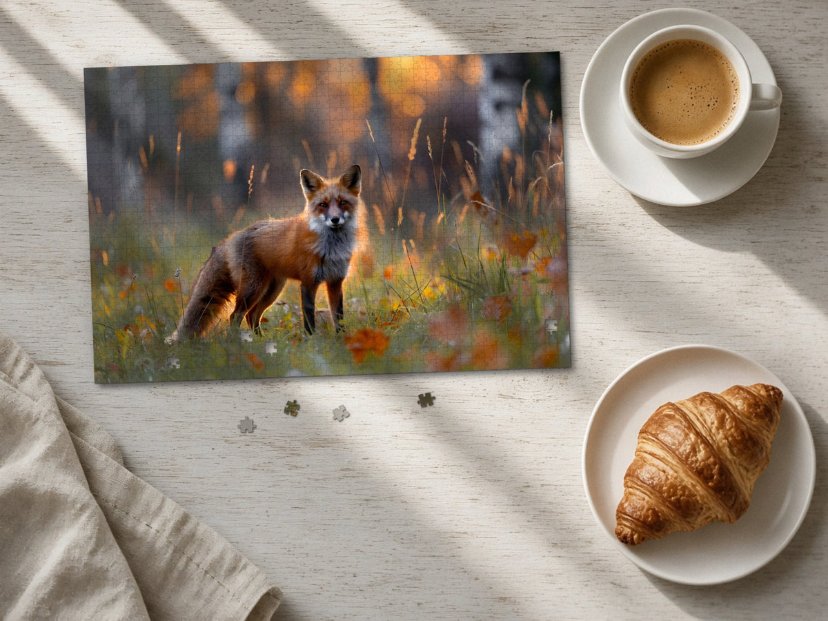 The Fox Who Waited for Light 1014 piece puzzle laid flat on a pale wood table in morning sun beside a cappuccino and a croissant