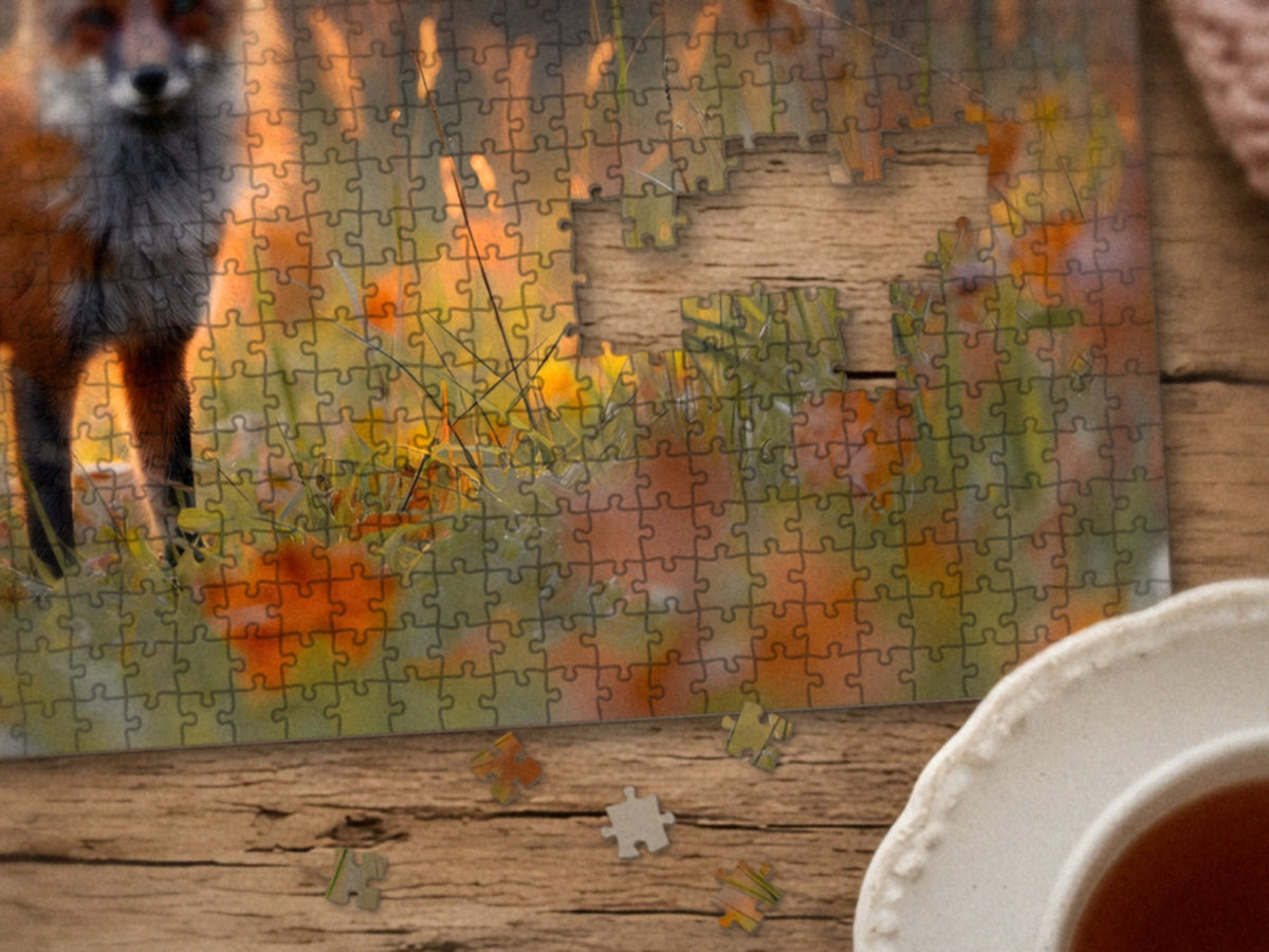Close-up of the The Fox Who Waited for Light puzzle on a wood table showing the fox among autumn leaves, a few pieces still missing, next to a teacup