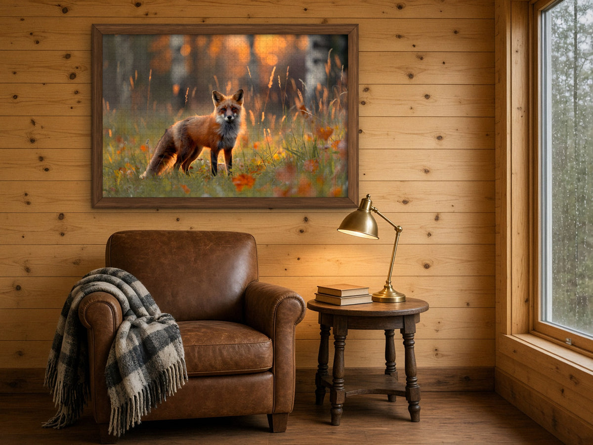 The Fox Who Waited for Light 1014 piece puzzle assembled and framed on a knotty pine wall above a leather armchair with a plaid throw and a brass reading lamp