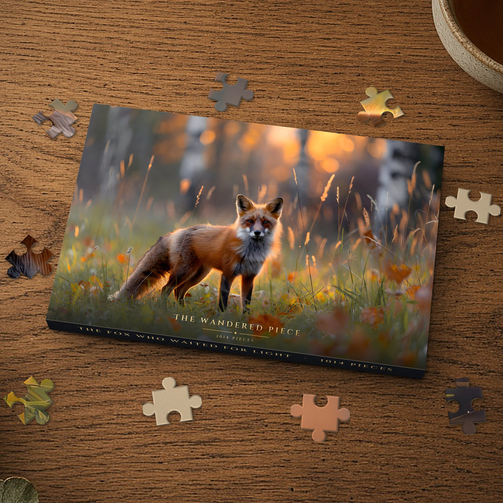 The Fox Who Waited for Light 1014 piece puzzle box on a wood table with loose pieces, box design shown for illustration