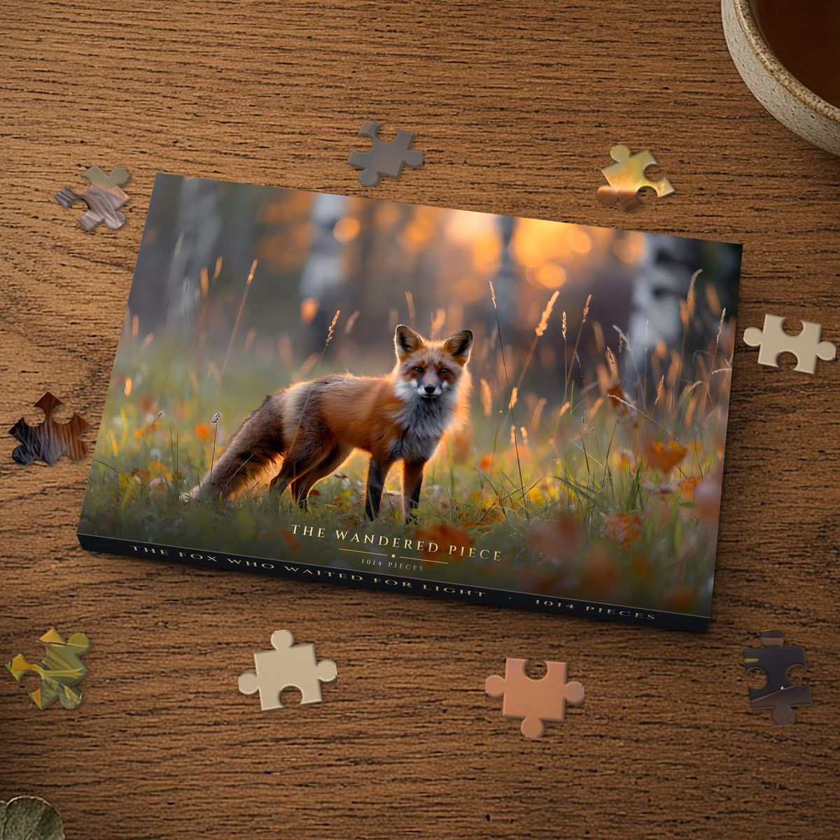 The Fox Who Waited for Light 1014 piece puzzle box on a wood table with loose pieces, box design shown for illustration