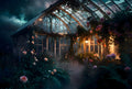 A Victorian greenhouse glowing amber in the dark with climbing roses covering every stone surface — art puzzle by The Wandered Piece