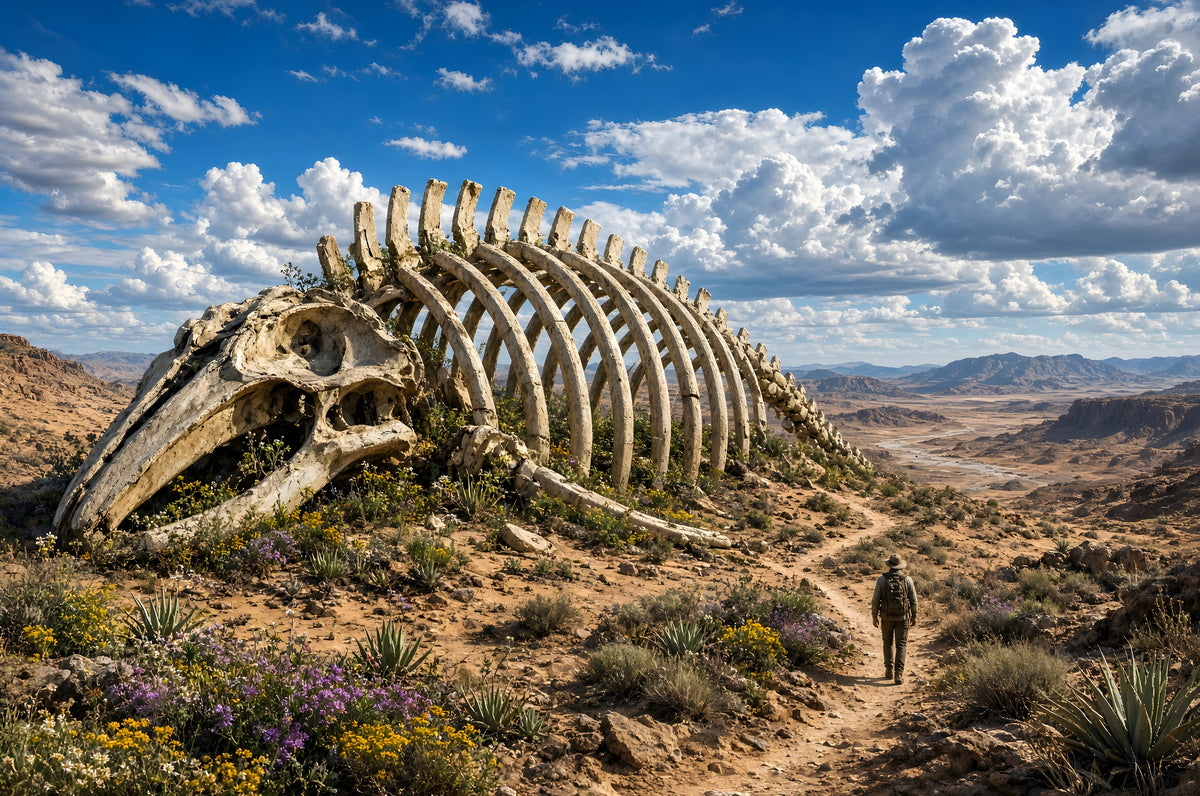 The Giant the Desert Forgot art puzzle: a giant whale-like skeleton half buried on a desert hill, a lone hiker walking the trail beside it, wildflowers in the scrub and white clouds in a blue sky