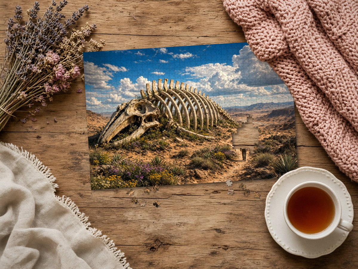 The Giant the Desert Forgot 1014 piece puzzle assembled on a rustic wood table with dried lavender, a pink knit blanket, a linen throw and a cup of tea, a few loose pieces nearby