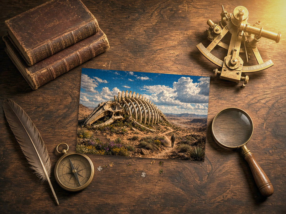 The Giant the Desert Forgot 1014 piece puzzle laid on a dark wood desk with old leather books, a brass sextant, a compass, a quill and a magnifying glass