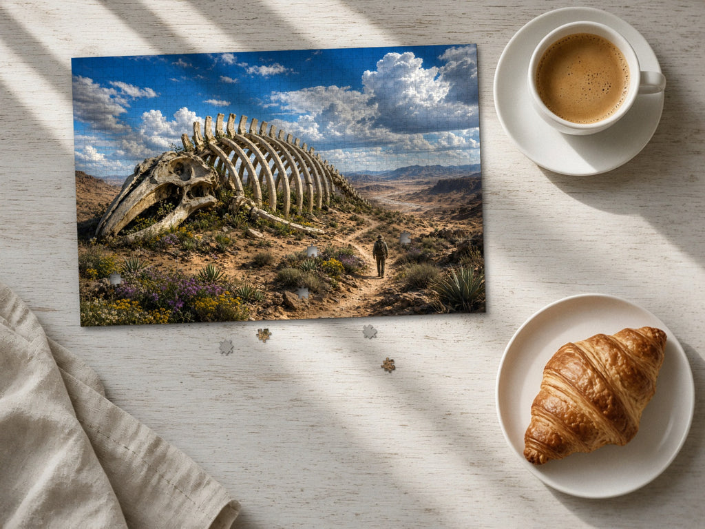 The Giant the Desert Forgot 1014 piece puzzle laid flat on a pale wood table in morning sun beside a cappuccino and a croissant