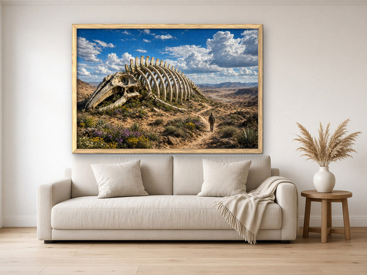 The Giant the Desert Forgot 1014 piece puzzle assembled, framed in light wood and hung above a cream sofa, with pampas grass on a side table