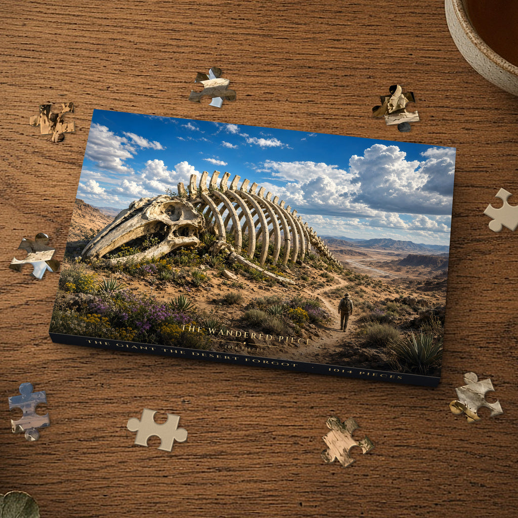 The Giant the Desert Forgot 1014 piece puzzle box on a wood table with loose pieces, box design shown for illustration