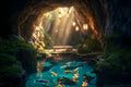 The Grotto Where the Lanterns Wait art puzzle: a mossy cave with hanging lanterns and shafts of daylight, koi swimming in a clear turquoise pool and a wooden bench with a blanket at the water's edge