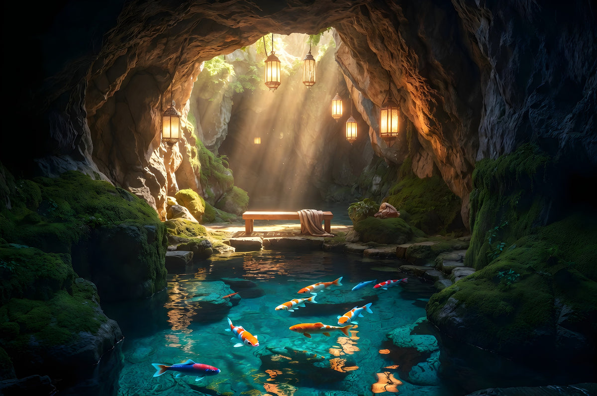 The Grotto Where the Lanterns Wait art puzzle: a mossy cave with hanging lanterns and shafts of daylight, koi swimming in a clear turquoise pool and a wooden bench with a blanket at the water's edge