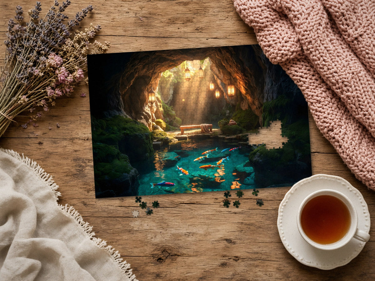 The Grotto Where the Lanterns Wait 1014 piece puzzle assembled on a rustic wood table with dried lavender, a pink knit blanket, a linen throw and a cup of tea, a few loose pieces nearby