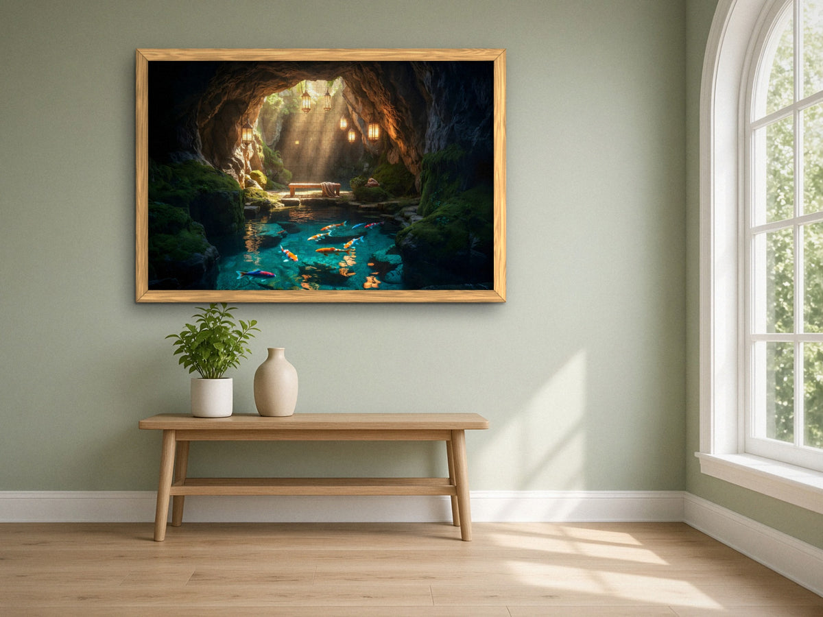 The Grotto Where the Lanterns Wait 1014 piece puzzle assembled, framed in light wood on a sage green wall above a wooden bench, next to a tall arched window