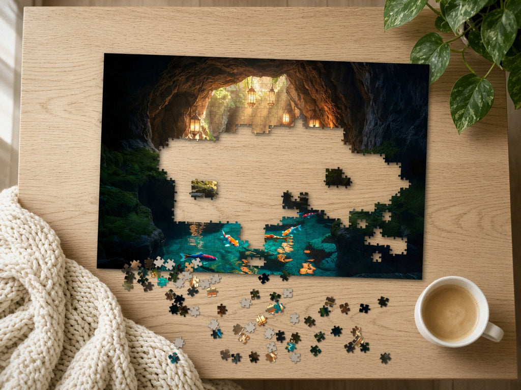 The Grotto Where the Lanterns Wait 1014 piece puzzle half assembled on a light oak table, loose pieces scattered beside a chunky knit throw, a latte and a trailing plant