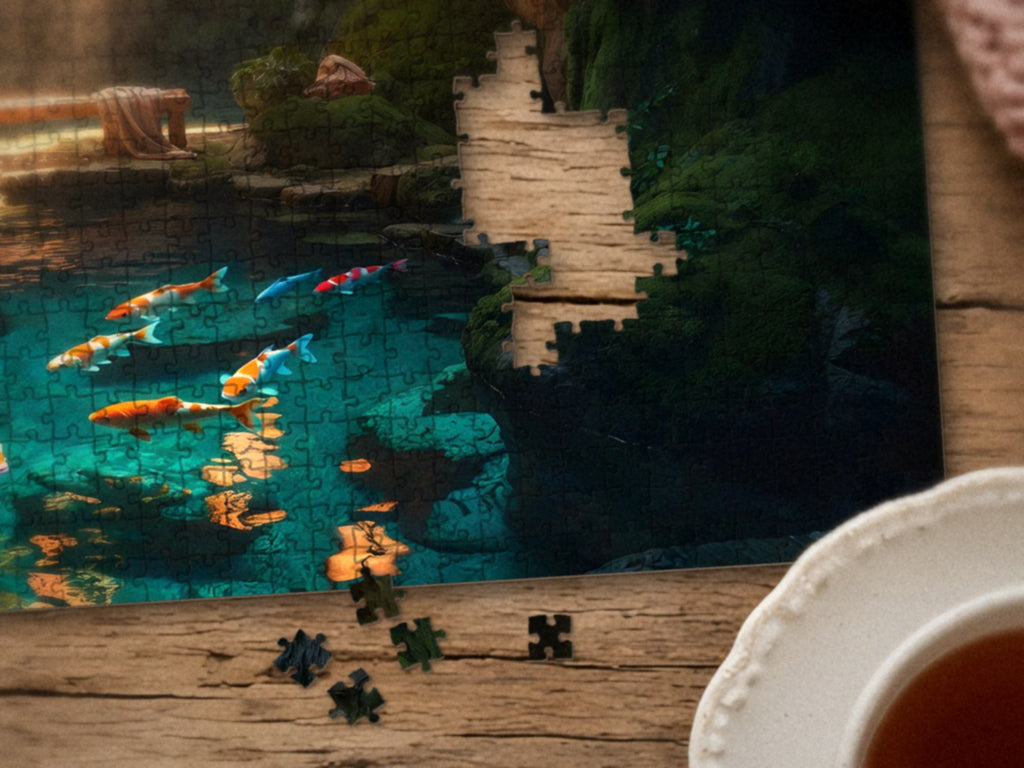 Close-up of the The Grotto Where the Lanterns Wait puzzle on a wood table showing the koi in the turquoise pool, a few pieces still missing, next to a teacup