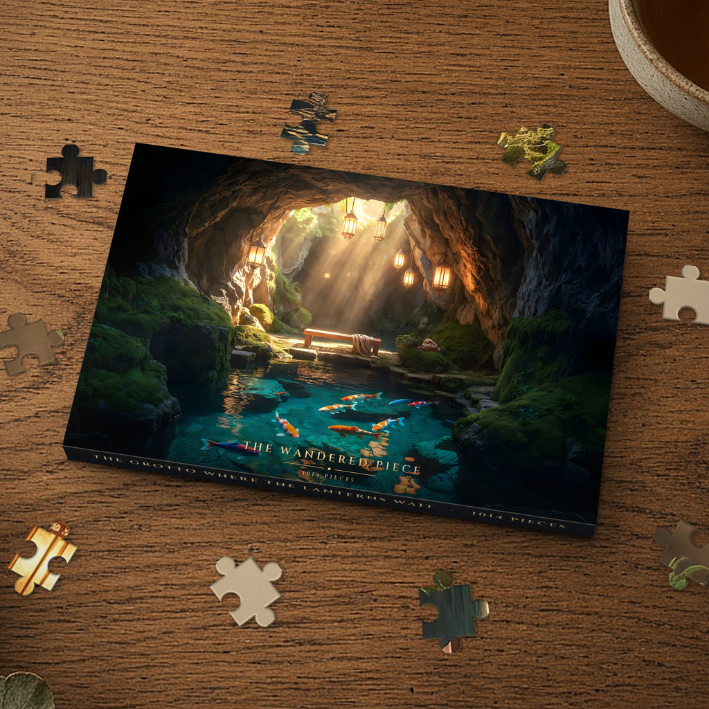 The Grotto Where the Lanterns Wait 1014 piece puzzle box on a wood table with loose pieces, box design shown for illustration