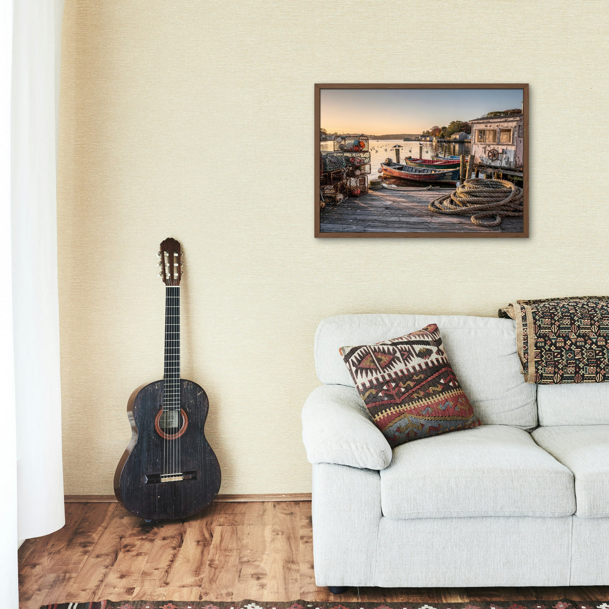 The Harbor at First Light 1014 piece puzzle shown framed on a wall after completion